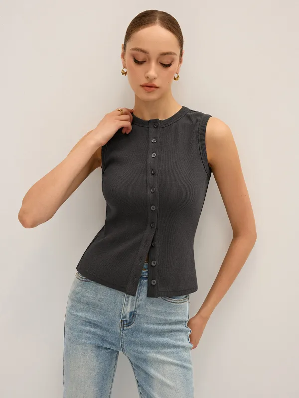Cotton-Blend Ribbed Button Tank Top sold by COMMENSE