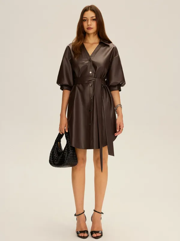 Faux Leather V-Neck Belted Mini Dress sold by COMMENSE
