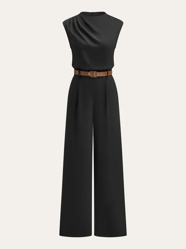 Belted Mock Neck Wide-Leg Jumpsuit sold by COMMENSE
