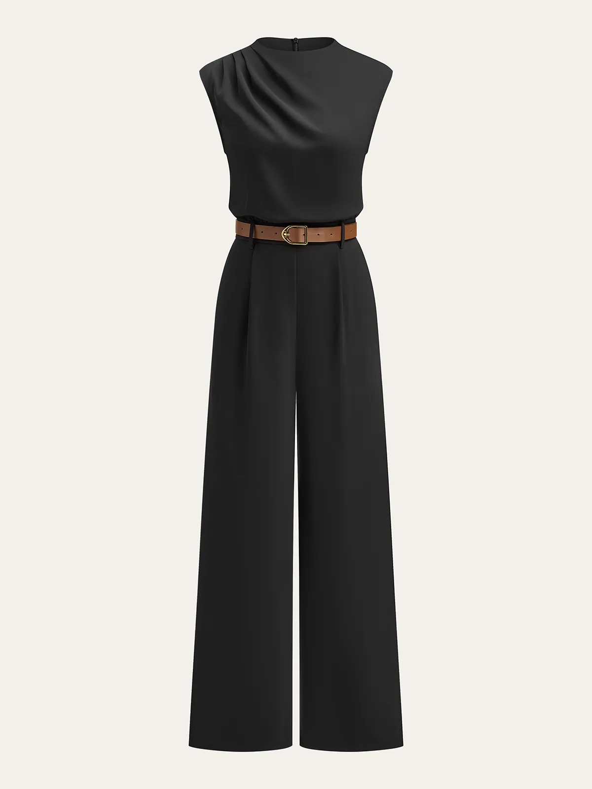 Belted Mock Neck Wide-Leg Jumpsuit sold by COMMENSE
