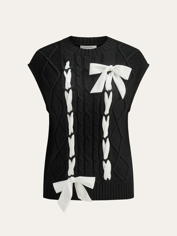 Cable-Knit Bow Cap Sleeve Vest sold by COMMENSE
