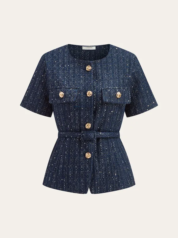Tweed Short-Sleeved Blazer with Belt sold by COMMENSE