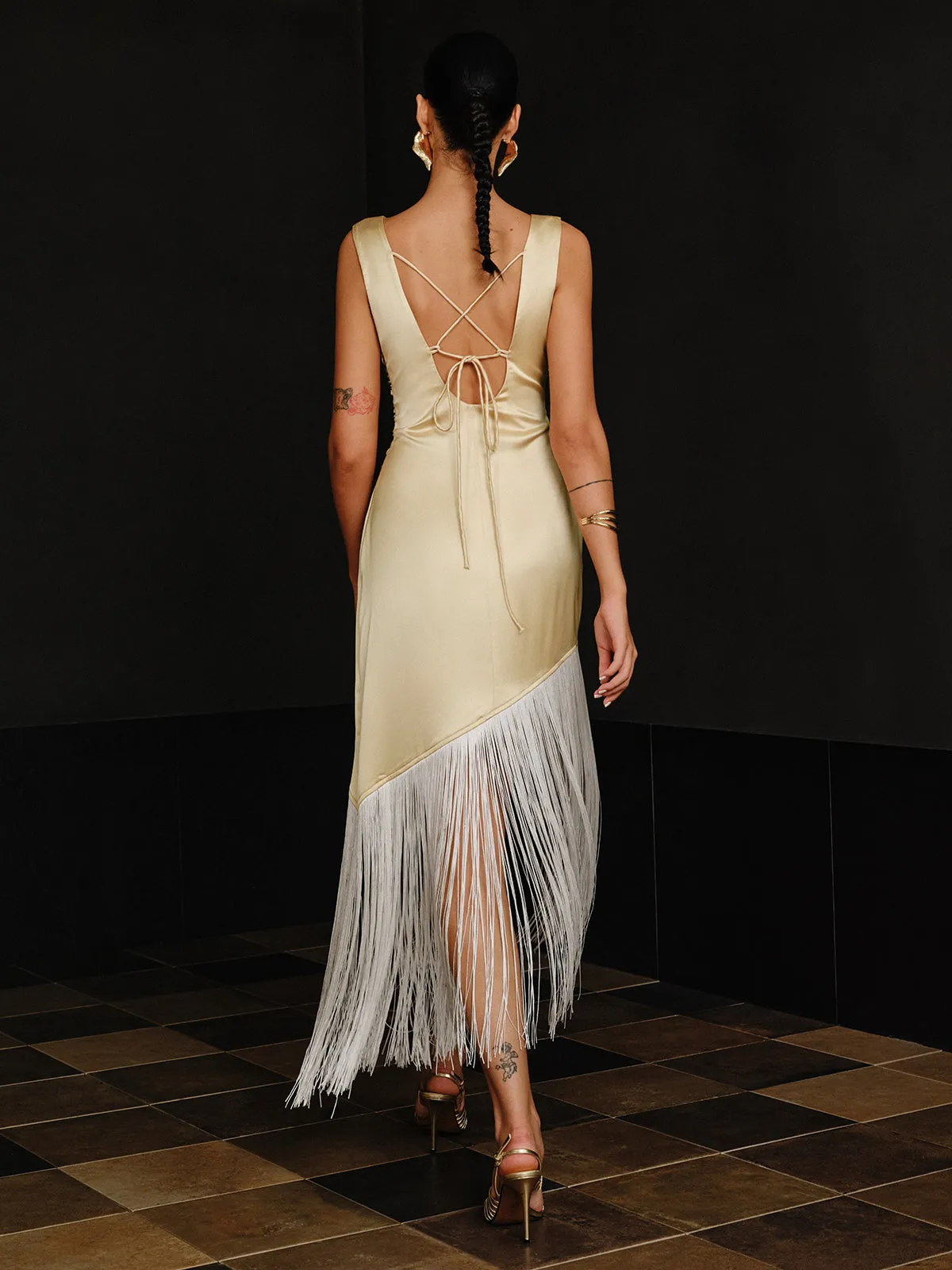 Satin Asymmetric Fringe Hem Maxi Dress sold by COMMENSE product image thumbnail 3