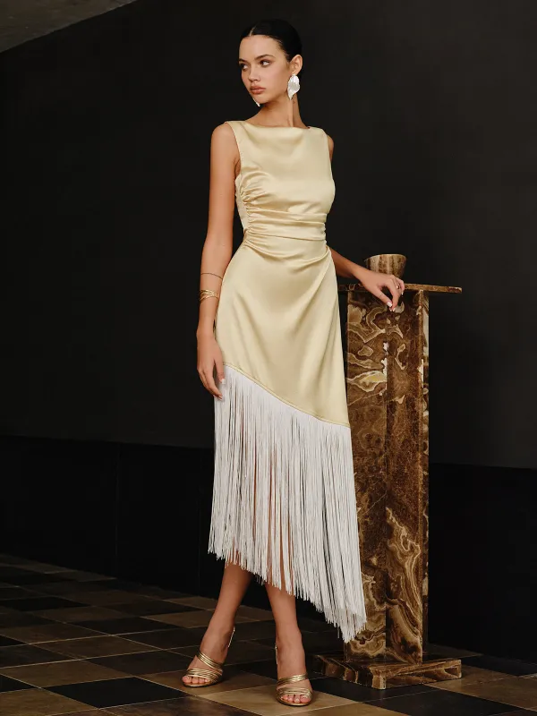 Satin Asymmetric Fringe Hem Maxi Dress sold by COMMENSE