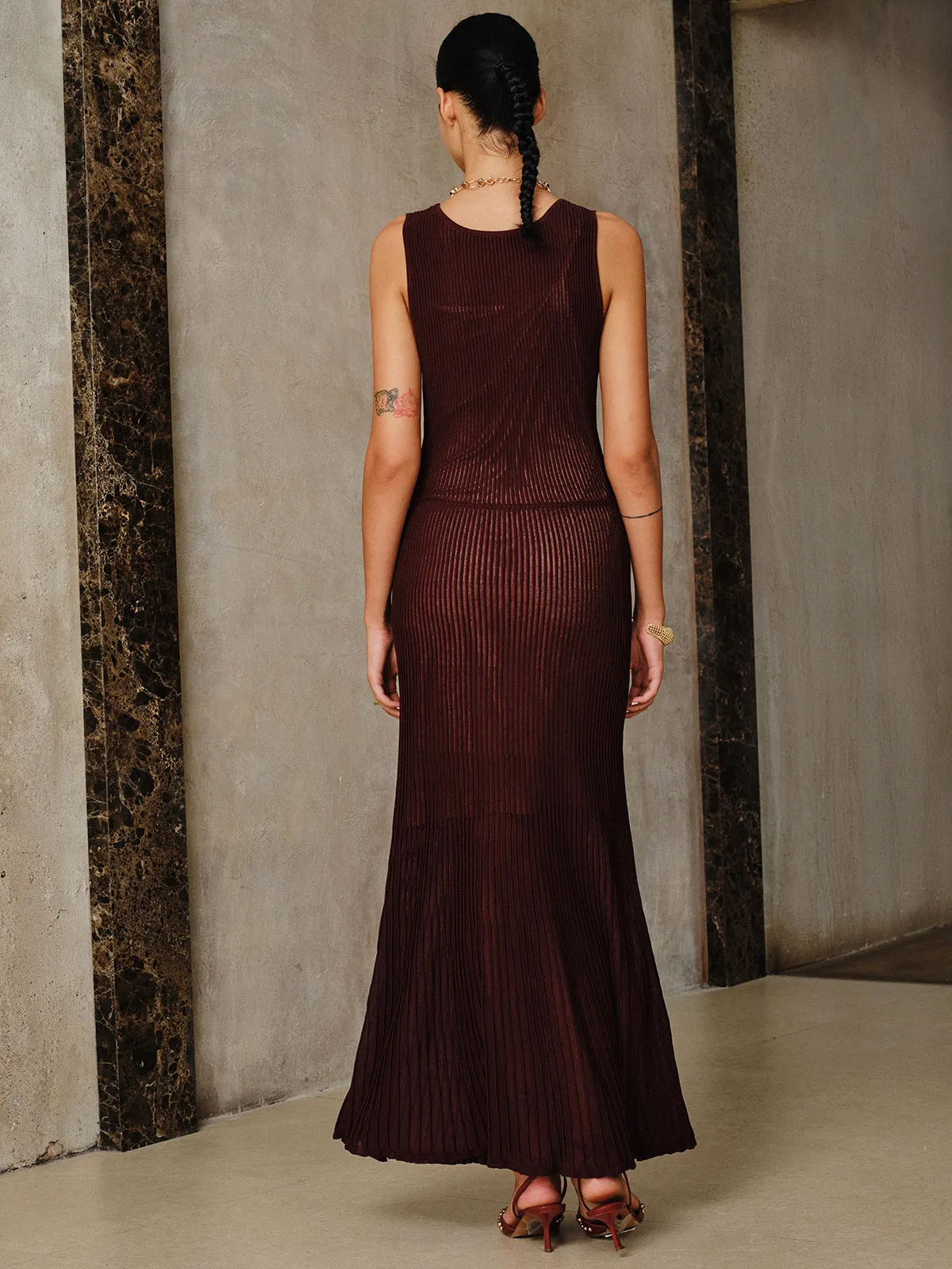 Mesh Panel Ribbed Knit Maxi Dress Set with Liner sold by COMMENSE product image thumbnail 5