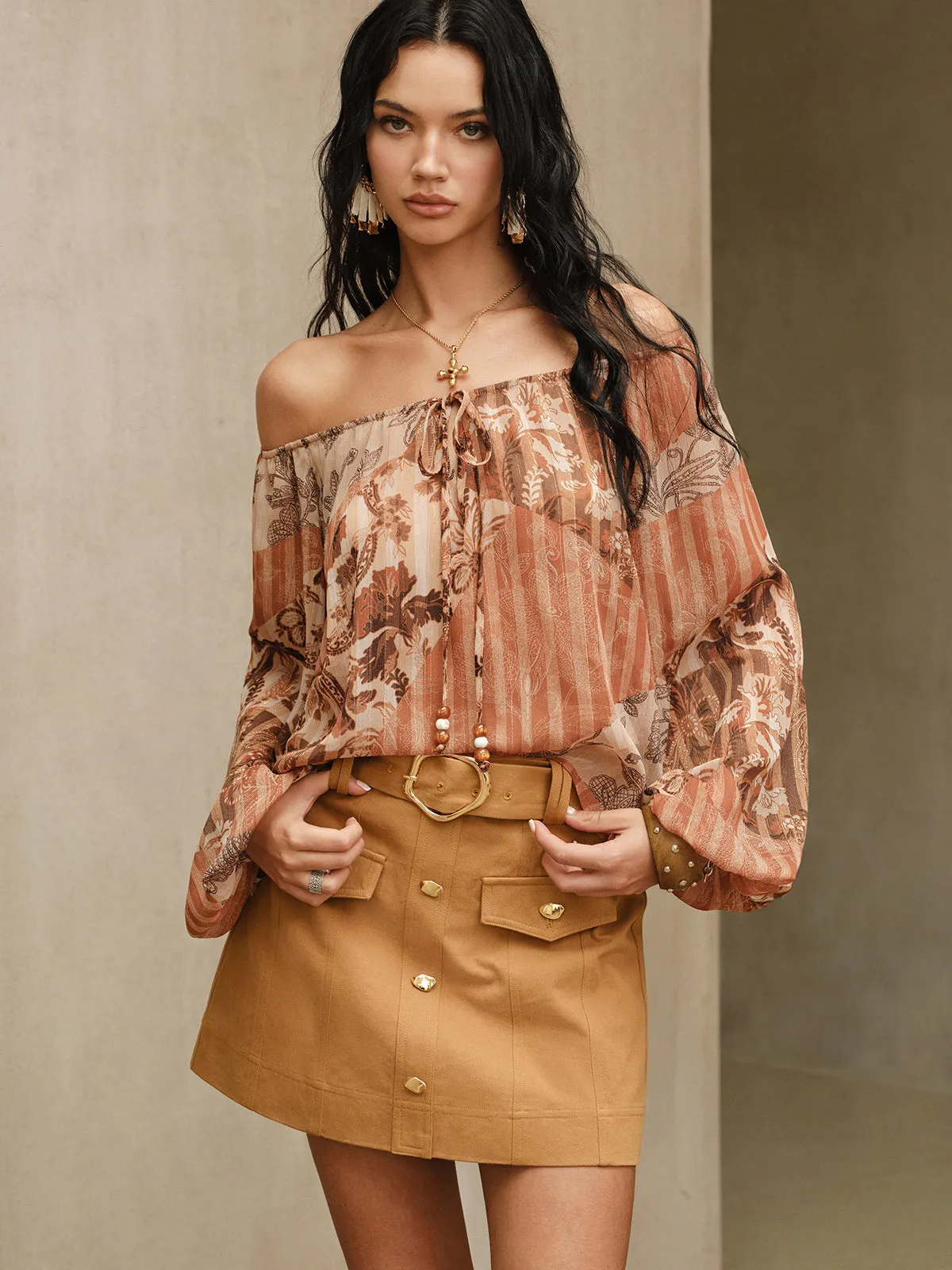 Boho Print Semi-Sheer Chiffon Tie-Front Blouse sold by COMMENSE