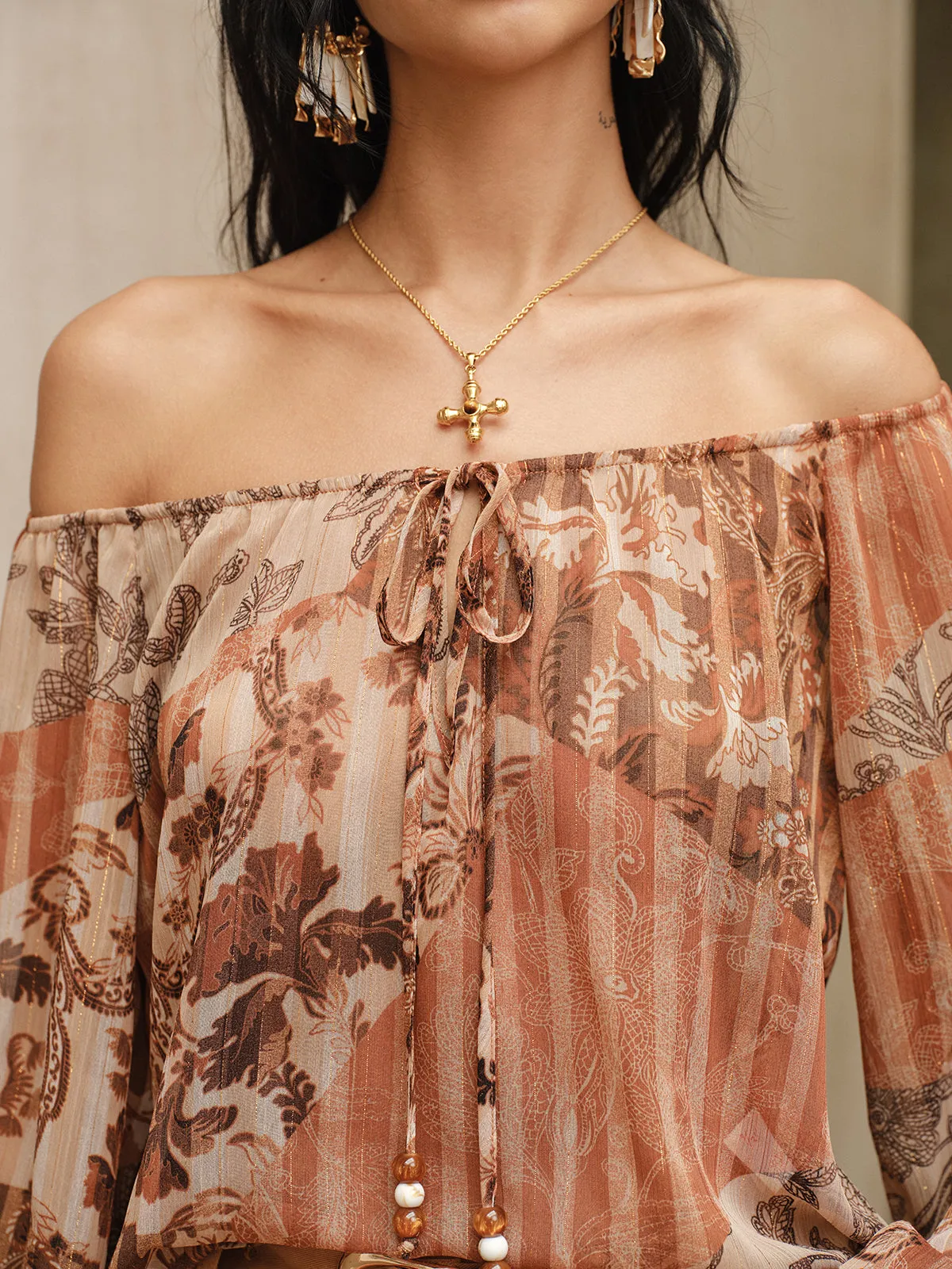 Boho Print Semi-Sheer Chiffon Tie-Front Blouse sold by COMMENSE product image thumbnail 5