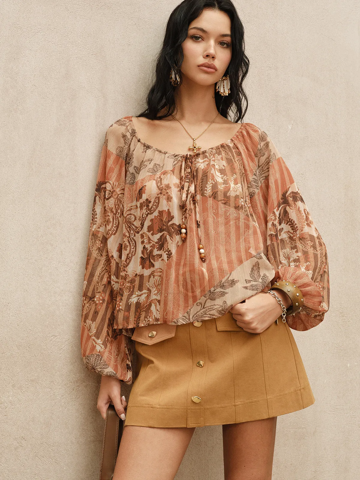 Boho Print Semi-Sheer Chiffon Tie-Front Blouse sold by COMMENSE product image thumbnail 4