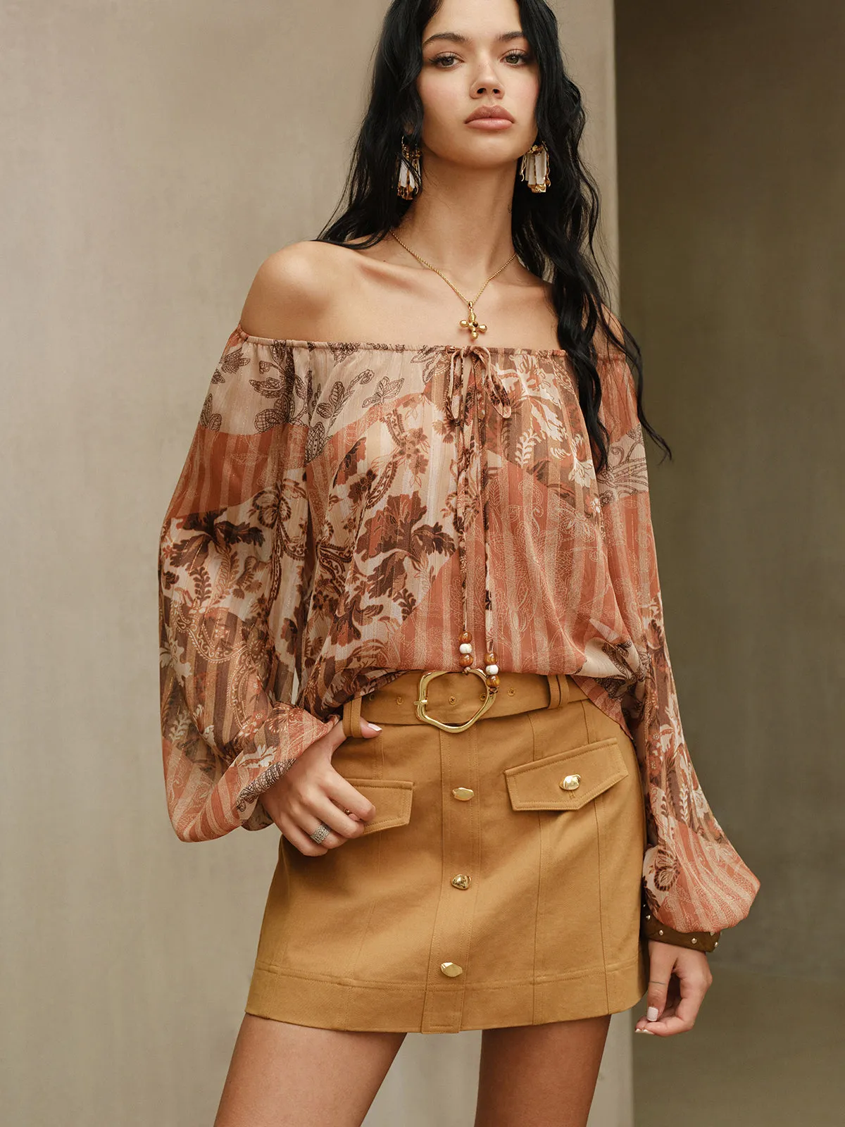Boho Print Semi-Sheer Chiffon Tie-Front Blouse sold by COMMENSE product image thumbnail 3