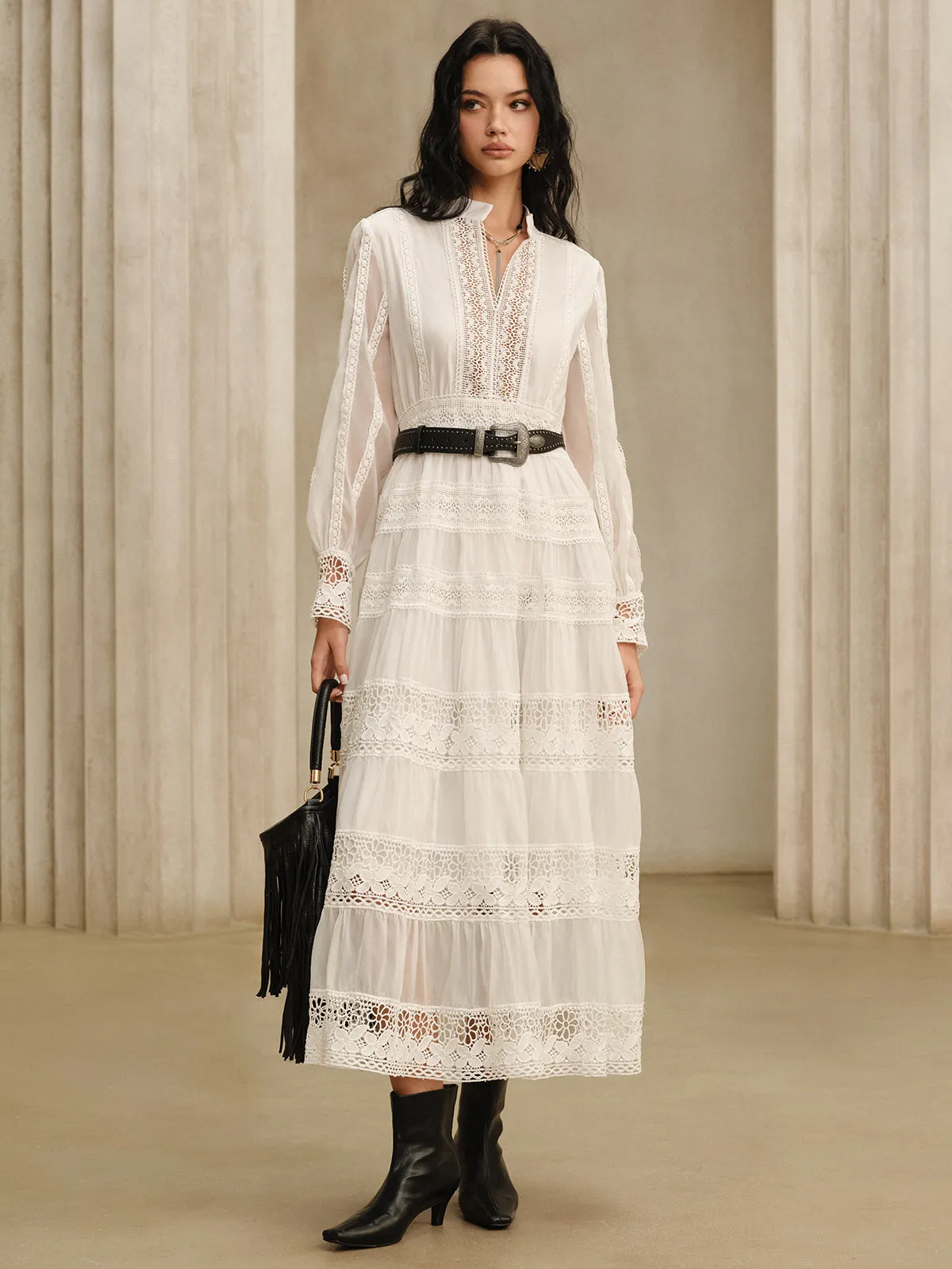 Semi-Sheer Lace Panel Maxi Dress without Belt sold by COMMENSE product image thumbnail 2