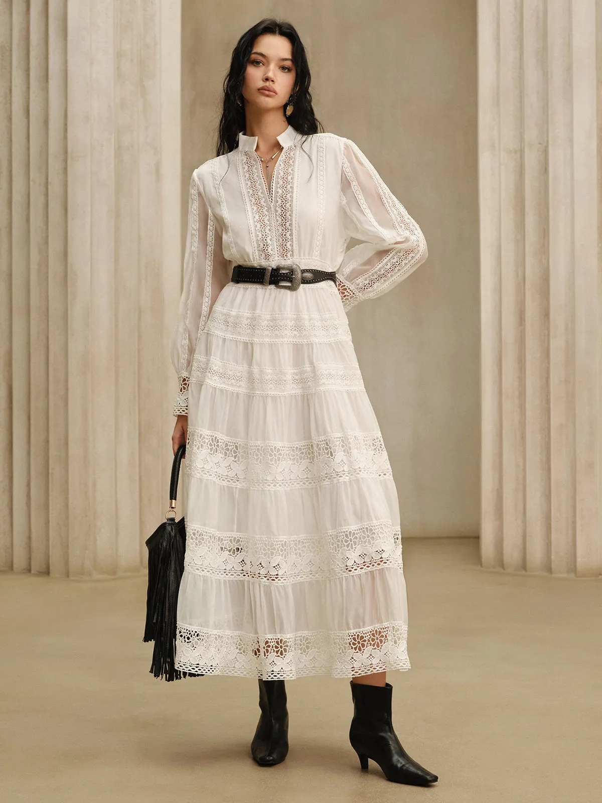 Semi-Sheer Lace Panel Maxi Dress without Belt sold by COMMENSE product image thumbnail 4