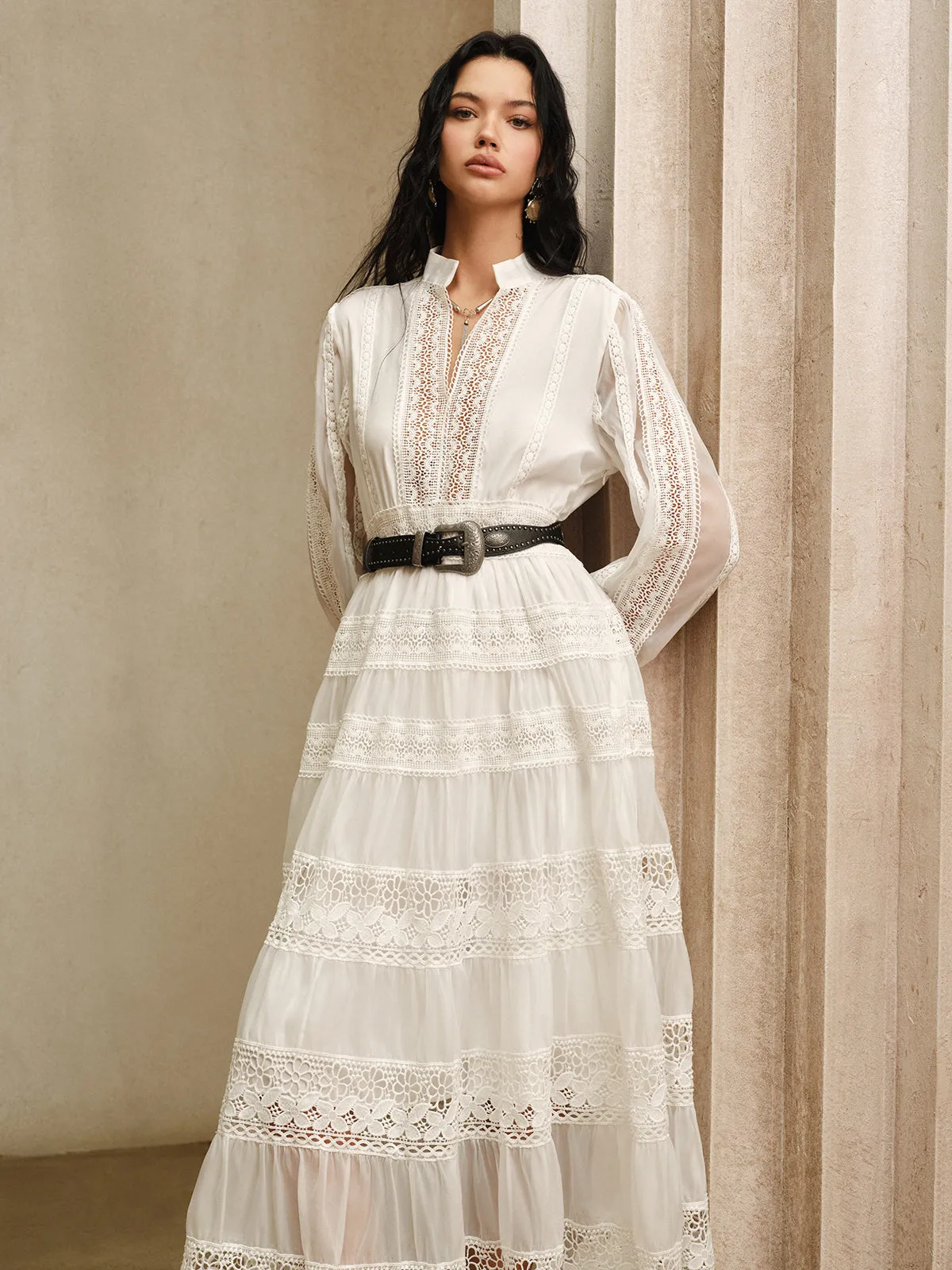 Semi-Sheer Lace Panel Maxi Dress without Belt sold by COMMENSE product image thumbnail 5