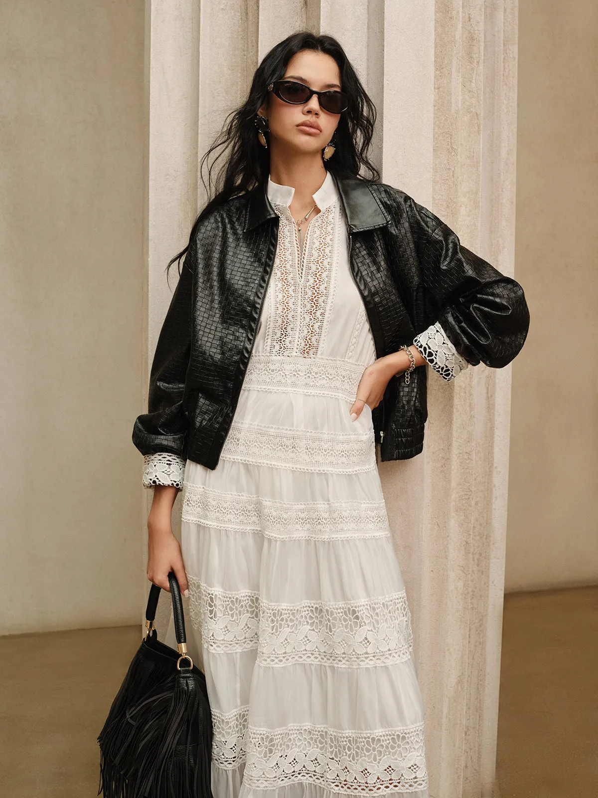 Semi-Sheer Lace Panel Maxi Dress without Belt sold by COMMENSE product image thumbnail 3