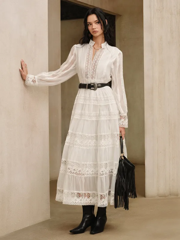 Semi-Sheer Lace Panel Maxi Dress without Belt sold by COMMENSE