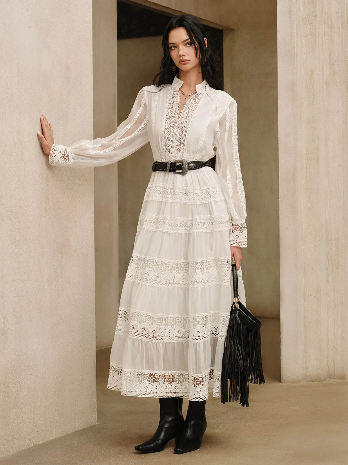 Semi-Sheer Lace Panel Maxi Dress without Belt sold by COMMENSE