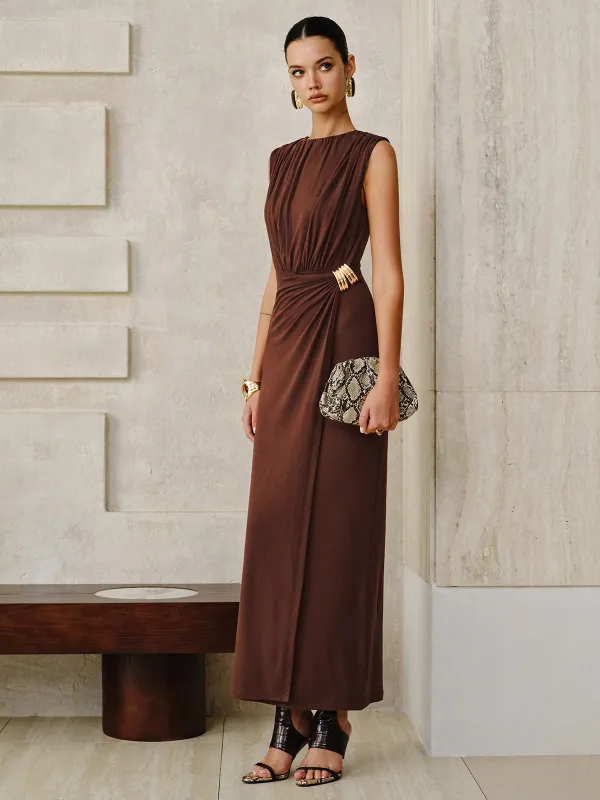 Metal Buckle Sleeveless Ruched Maxi Dress sold by COMMENSE