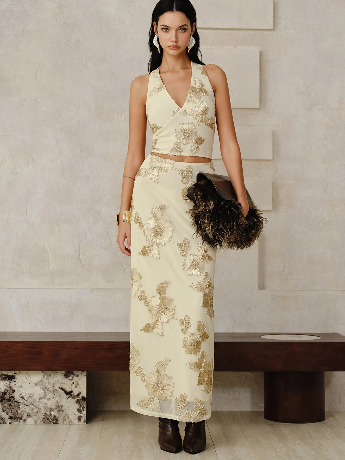 Floral Embroidered Halter Top and Skirt Set sold by COMMENSE