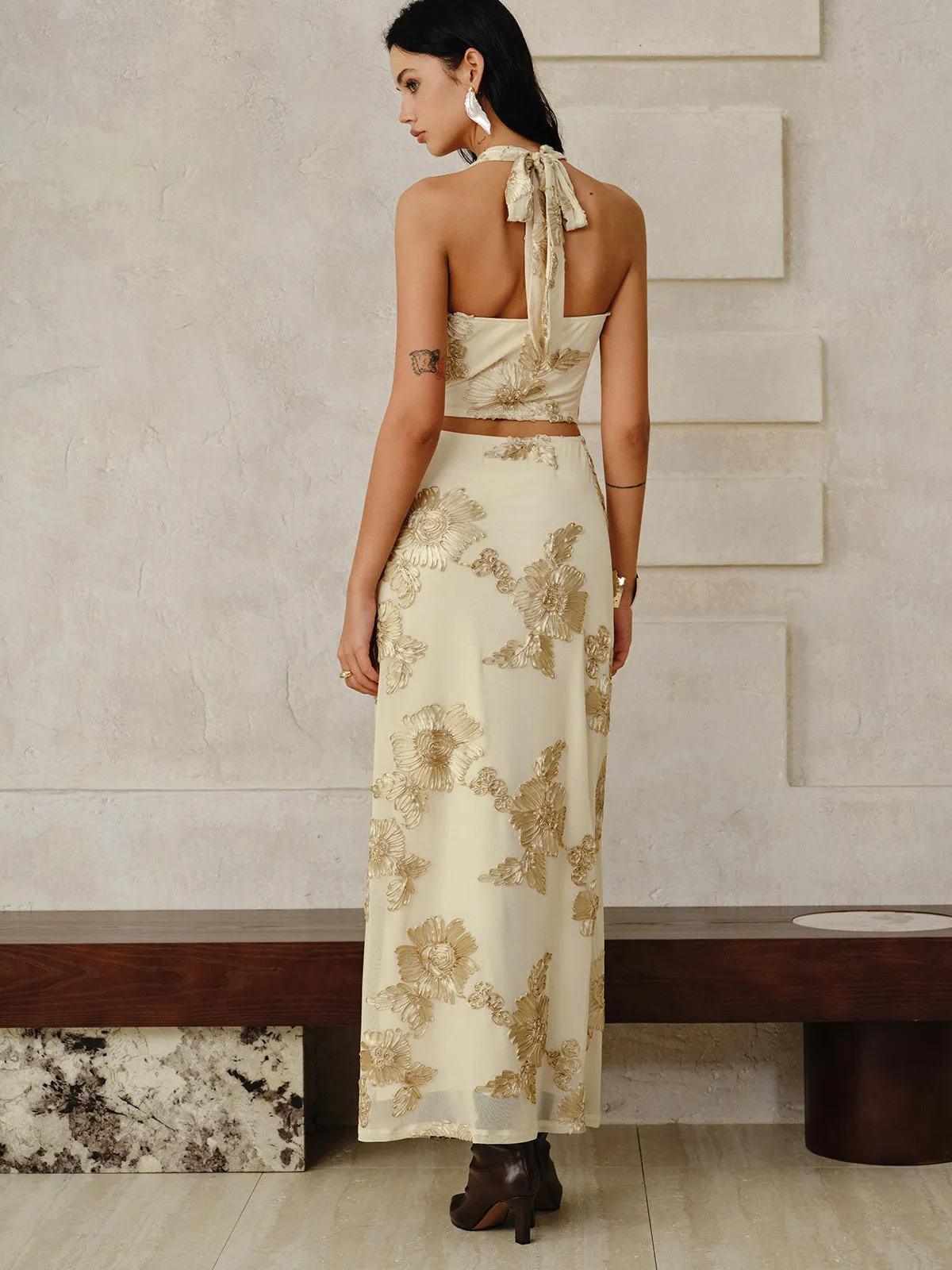 Floral Embroidered Halter Top and Skirt Set sold by COMMENSE product image thumbnail 4