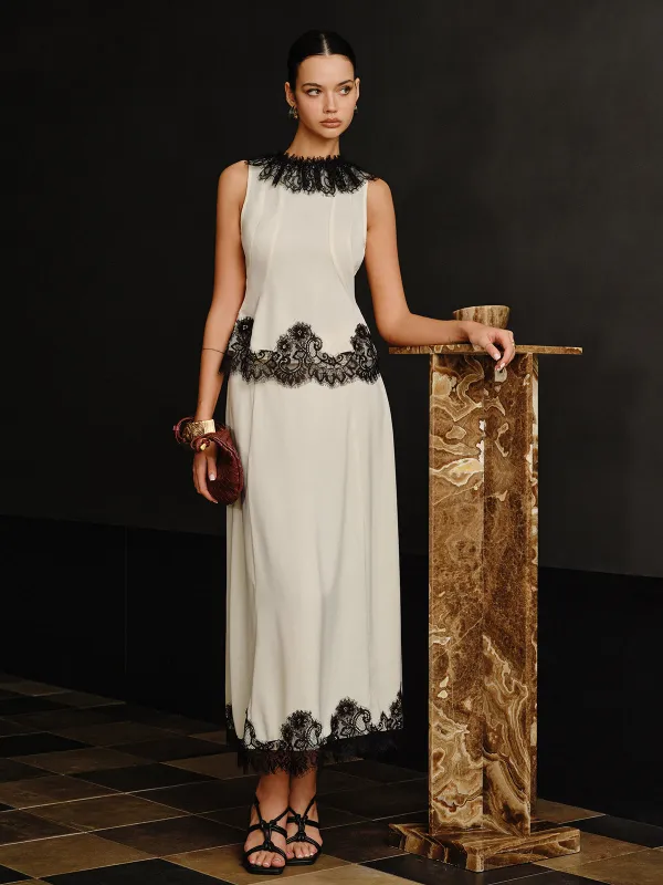 Lace Trim Top and Maxi Skirt Set sold by COMMENSE