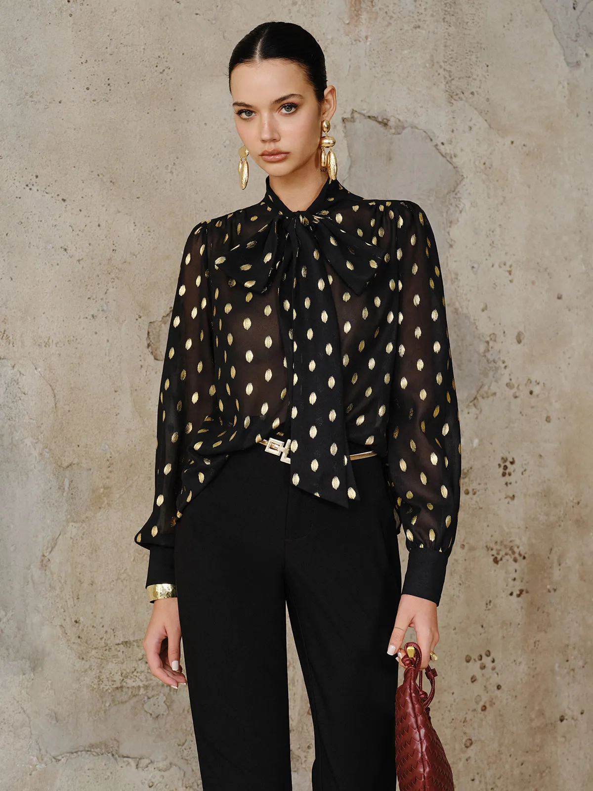 Polka Dot Bow Neckline Semi-Sheer Blouse sold by COMMENSE