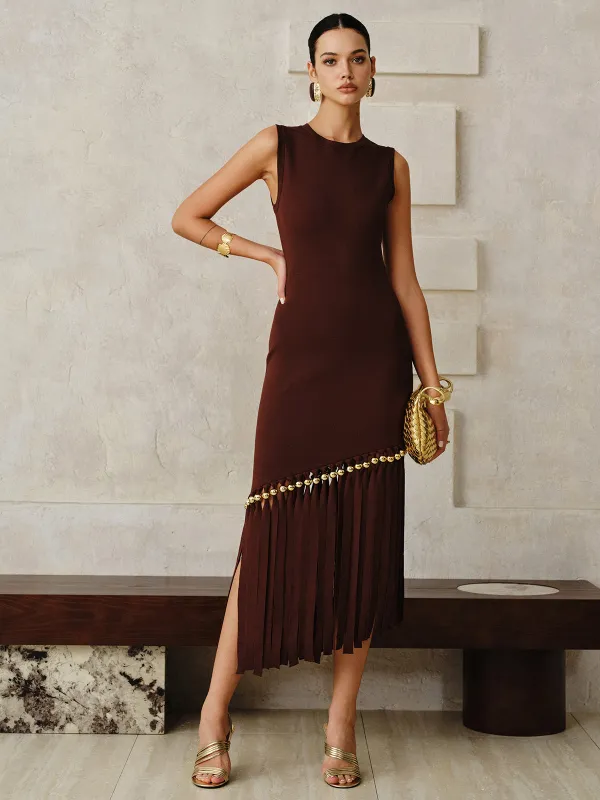 Asymmetric Fringe Metal Bead Detail Maxi Dress sold by COMMENSE