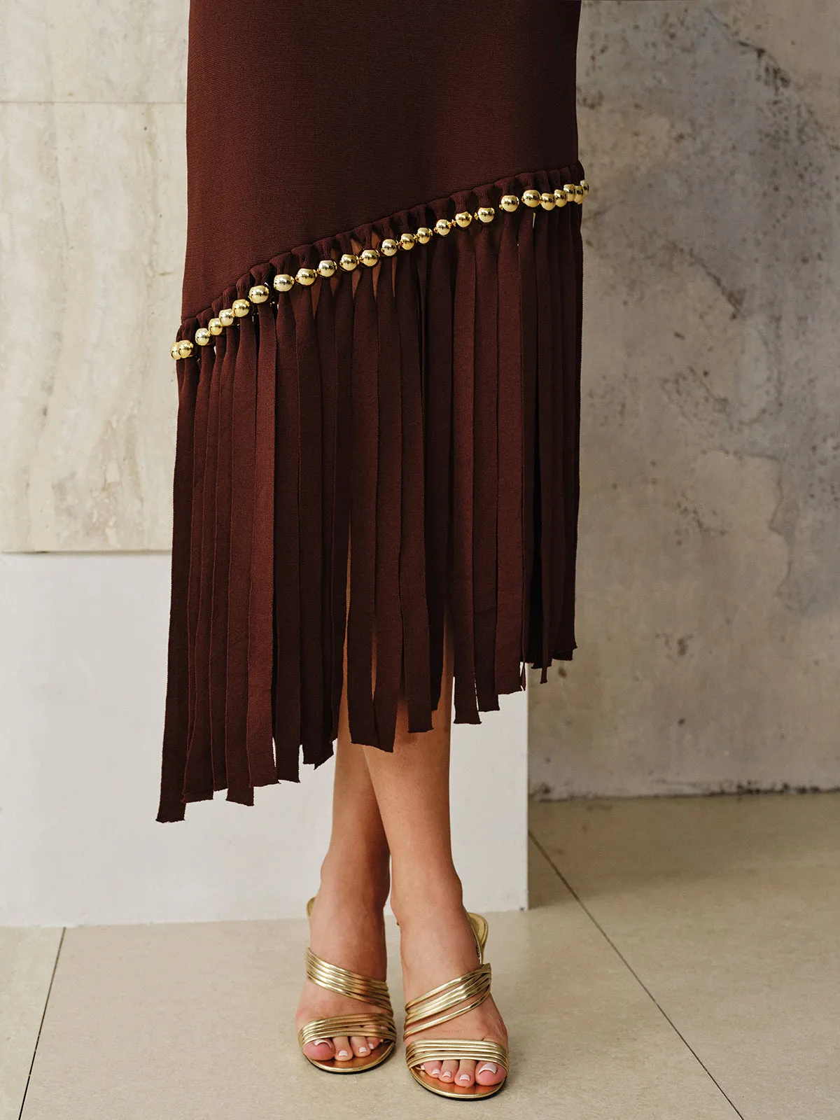 Asymmetric Fringe Metal Bead Detail Maxi Dress sold by COMMENSE product image thumbnail 5