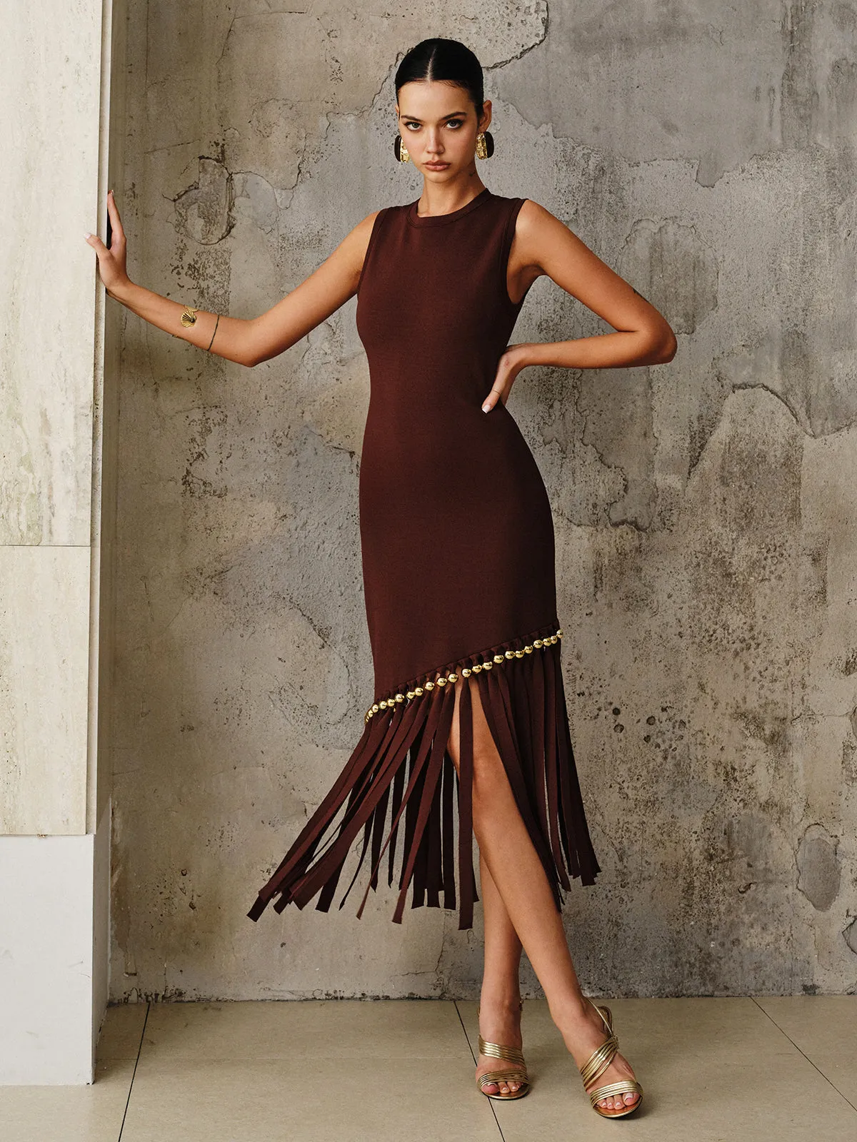 Asymmetric Fringe Metal Bead Detail Maxi Dress sold by COMMENSE product image thumbnail 2