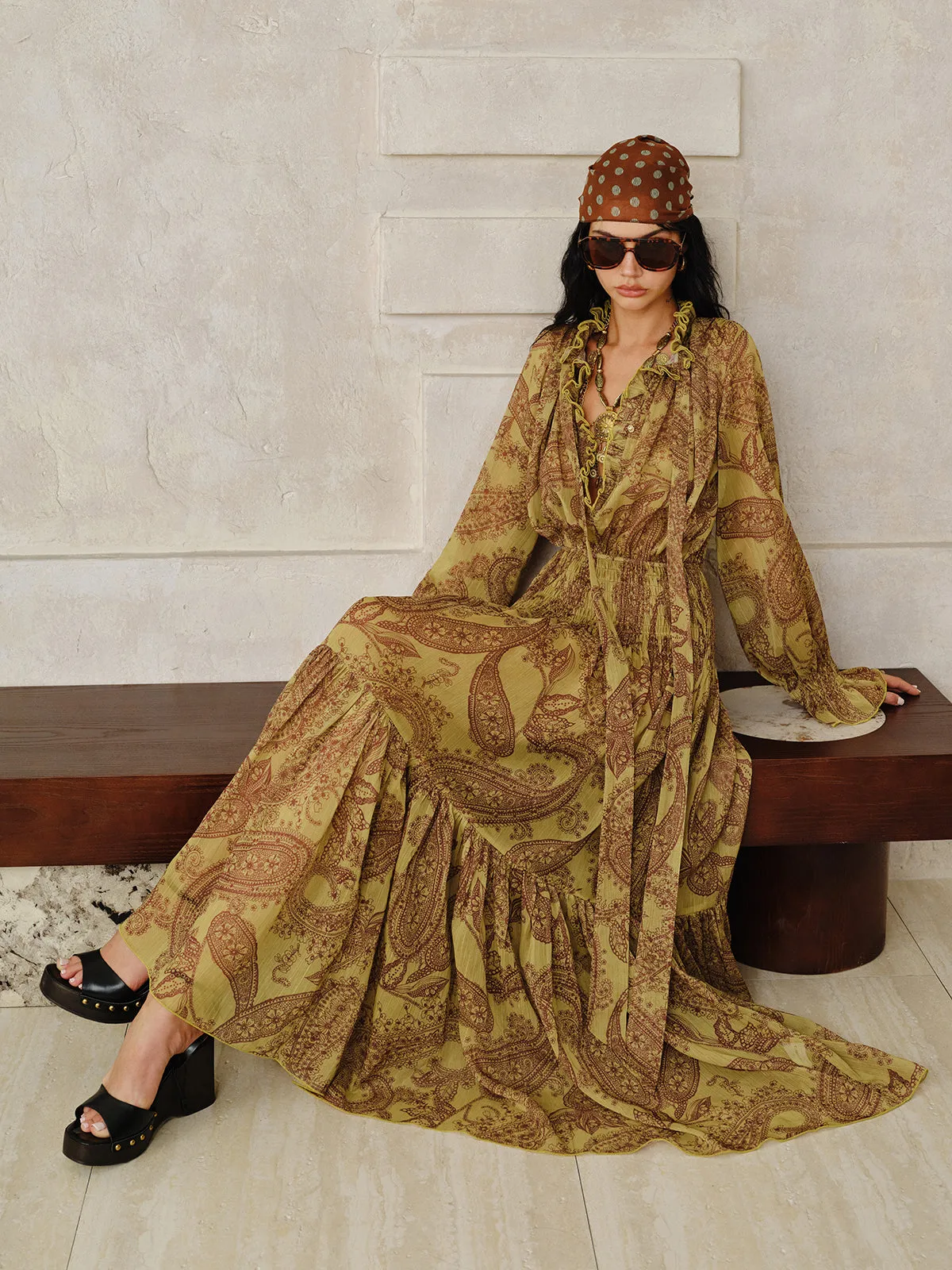 Boho Print Chiffon Maxi Dress Set with Liner sold by COMMENSE