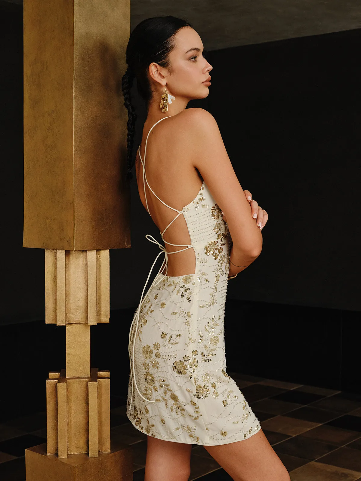 Sequin Cami Dress with Crisscross Back Tie sold by COMMENSE