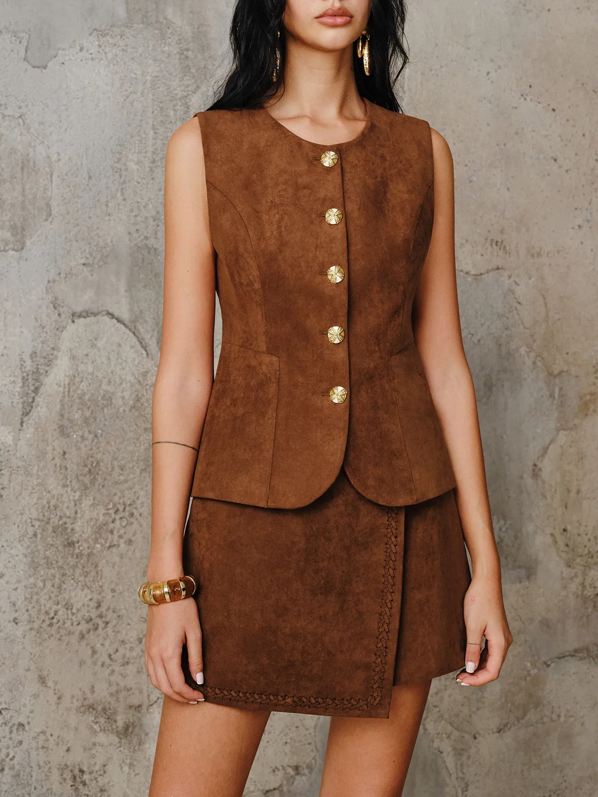 Suede Effect Metal Button Vest sold by COMMENSE