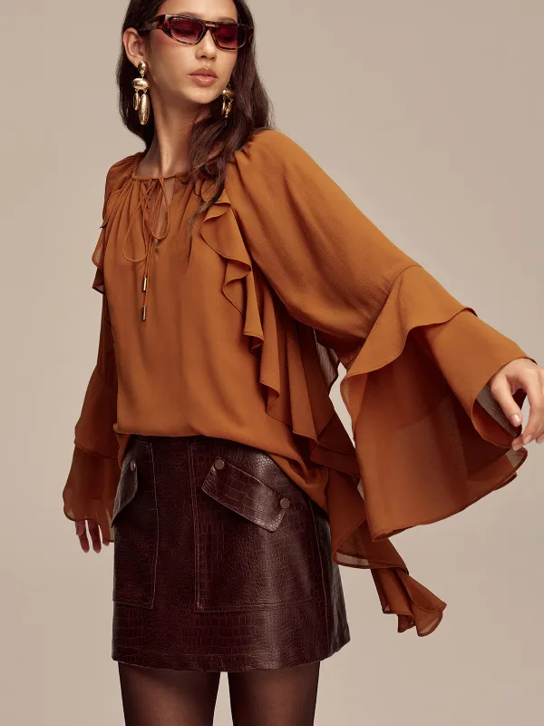 Chiffon Ruffled Tiered Sleeve Tie-Neck Blouse sold by COMMENSE