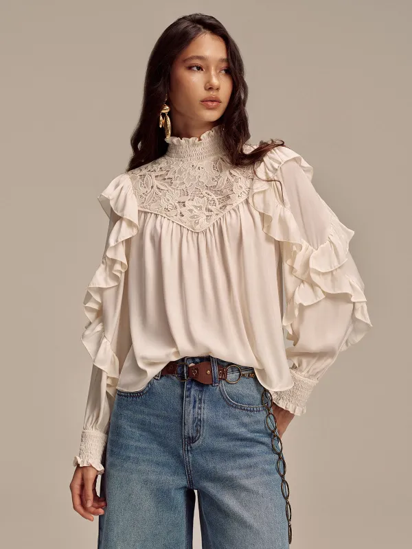 Embroidered Mock Neck Ruffled Blouse sold by COMMENSE