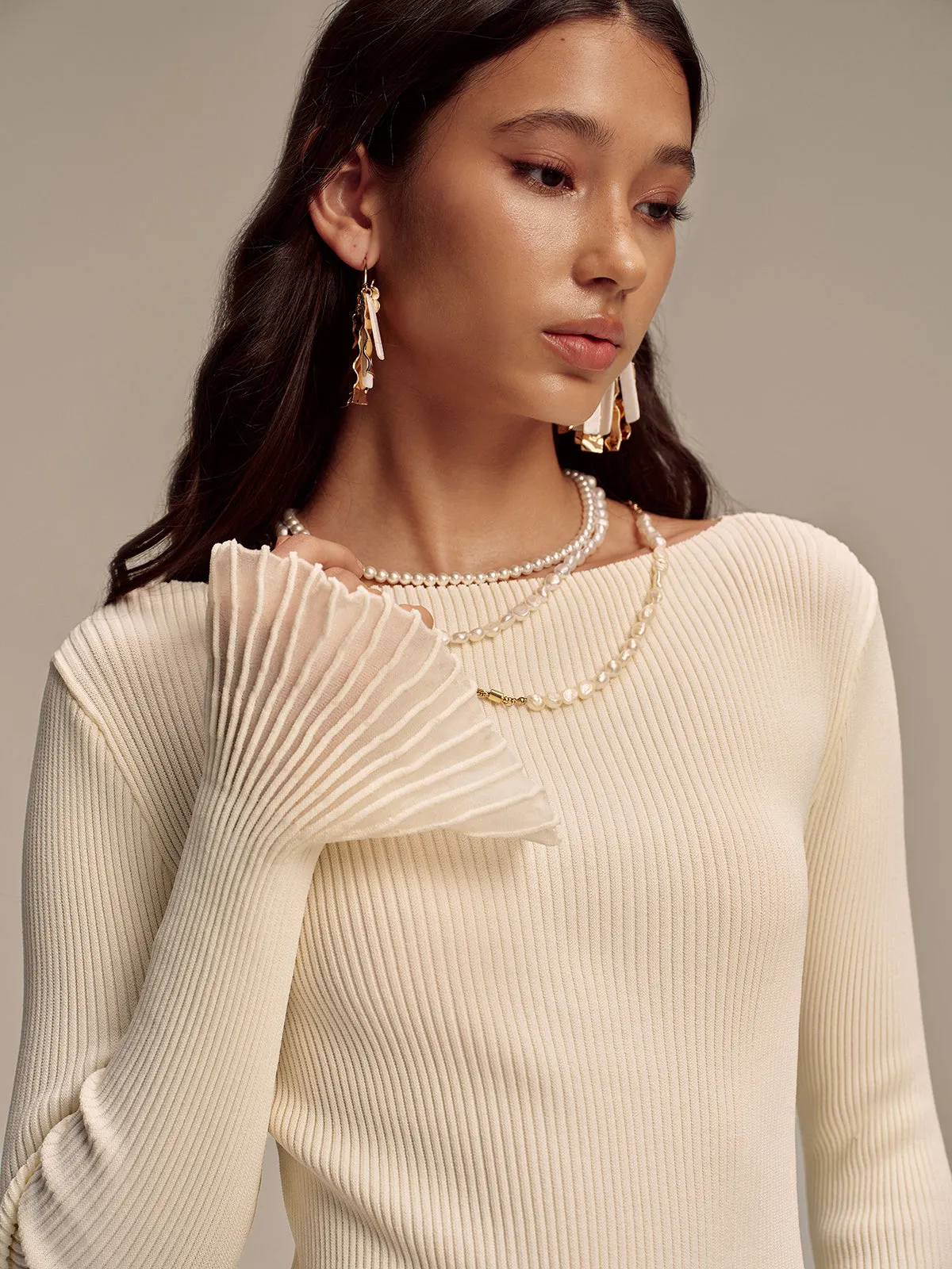 Ribbed Knit Mesh Ruffled Hem Bell Sleeve Top sold by COMMENSE product image thumbnail 3