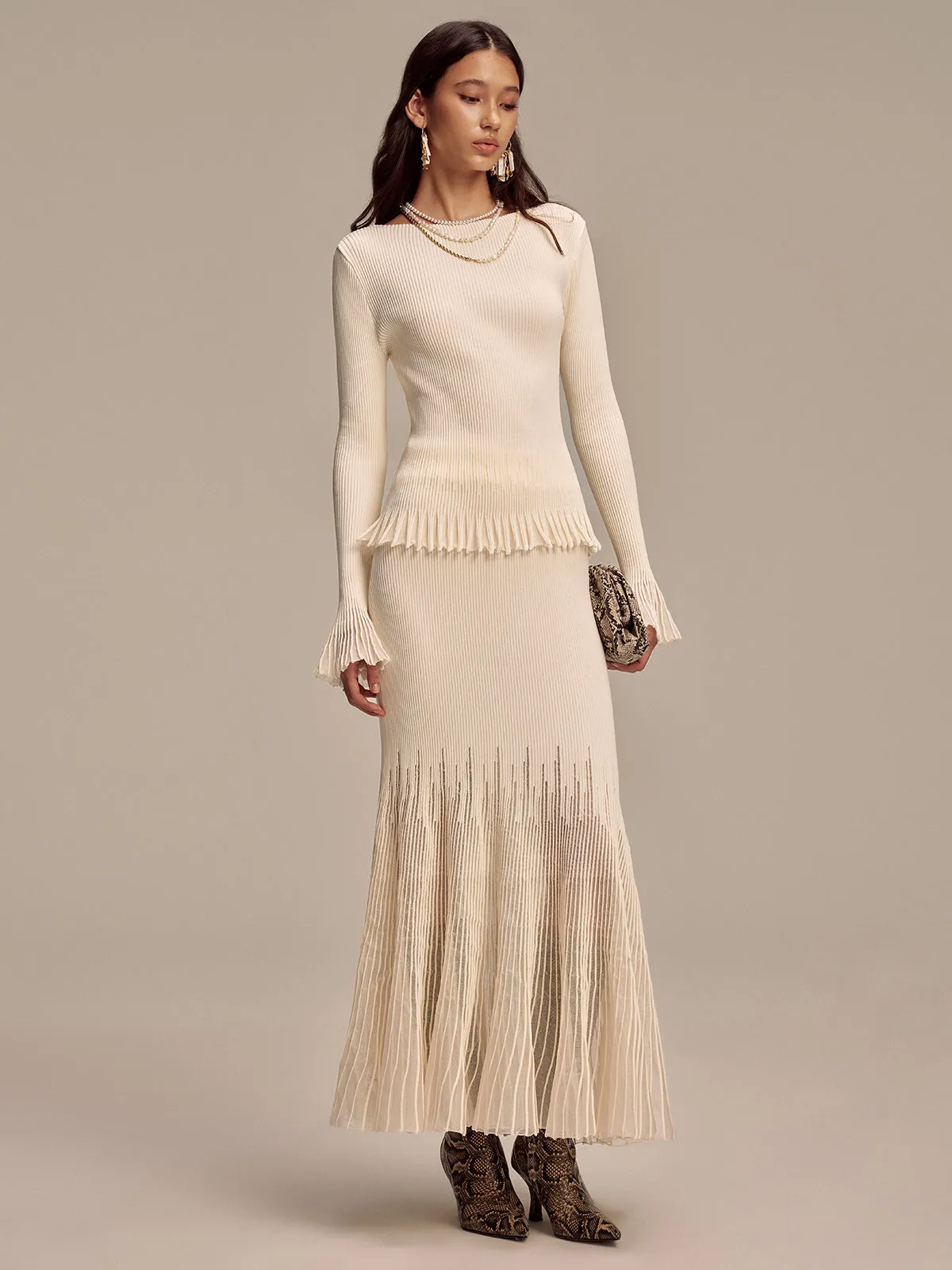 Ribbed Knit Mesh Ruffled Hem Bell Sleeve Top sold by COMMENSE product image thumbnail 2