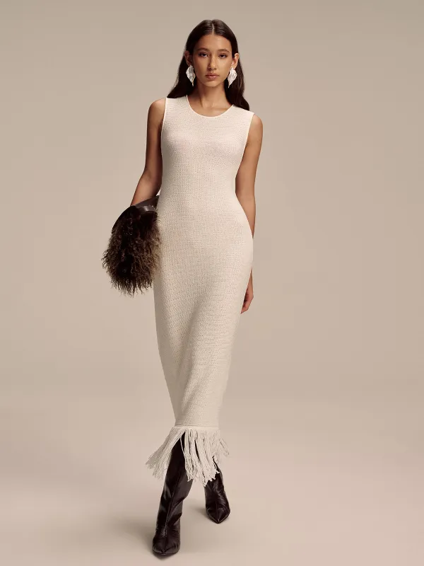 Fringe Hem Sleeveless Knit Maxi Dress sold by COMMENSE