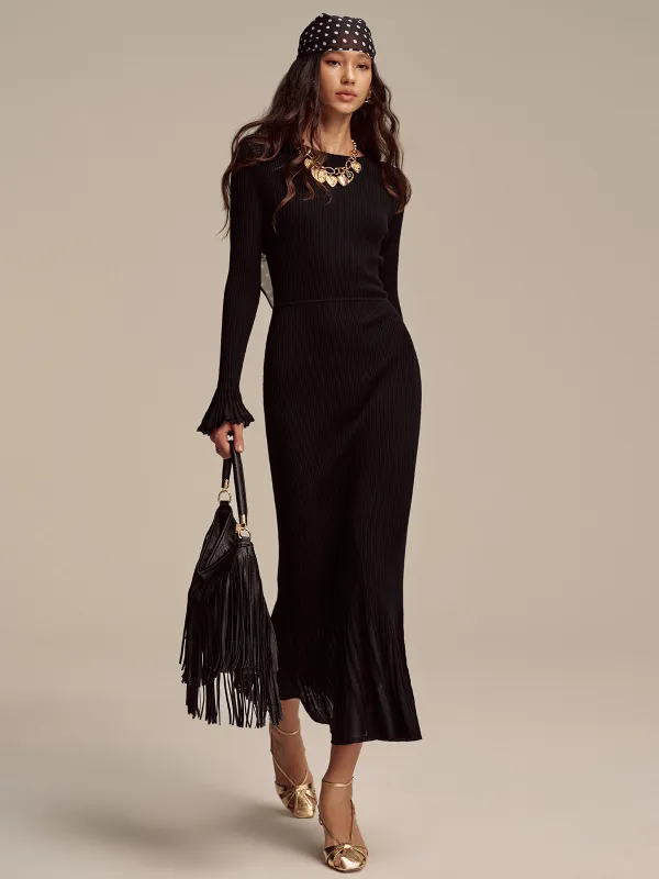Wool Blend Ribbed Knit Maxi Dress with Mesh Hem sold by COMMENSE