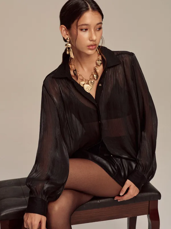 Sheer Chiffon Textured Metal Button Shirt sold by COMMENSE