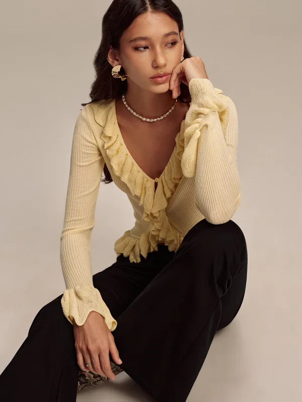 Ruffled V-Neck Knit Cardigan sold by COMMENSE
