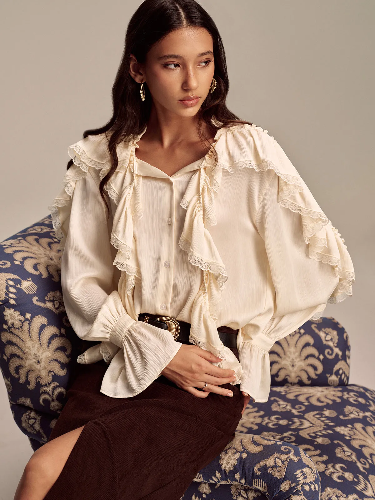 Ruffled Lace Trim Bell Sleeve Shirt sold by COMMENSE product image thumbnail 2