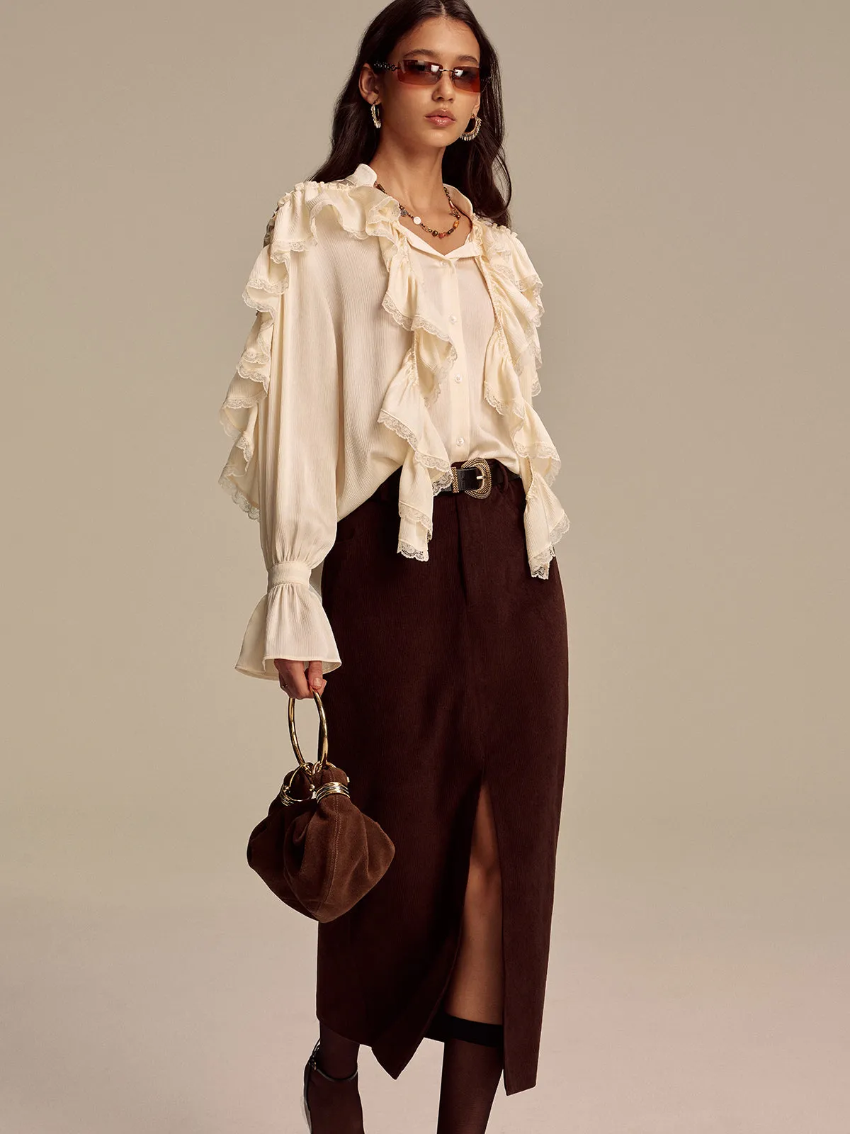 Ruffled Lace Trim Bell Sleeve Shirt sold by COMMENSE