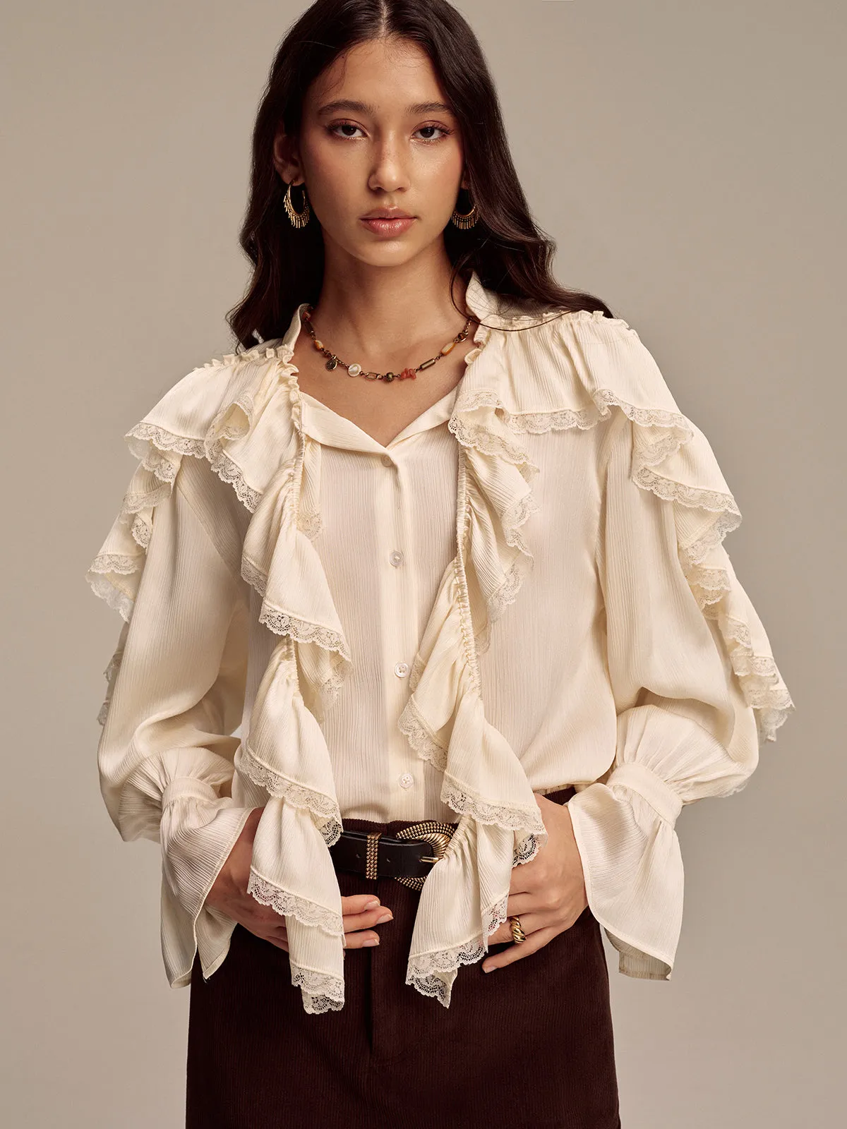 Ruffled Lace Trim Bell Sleeve Shirt sold by COMMENSE product image thumbnail 3