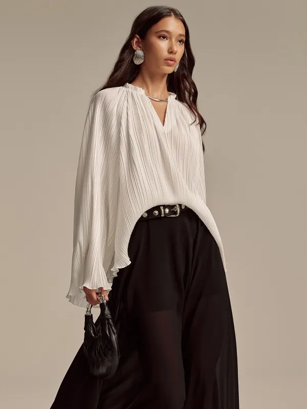 Metal Collar Pleated Long-Sleeve Blouse sold by COMMENSE