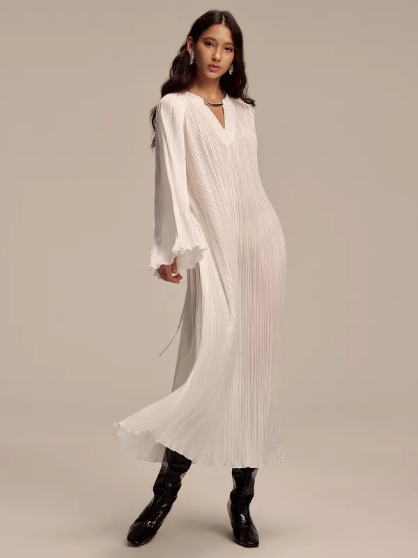 Metal Collar Pleated Long-Sleeve Maxi Dress sold by COMMENSE