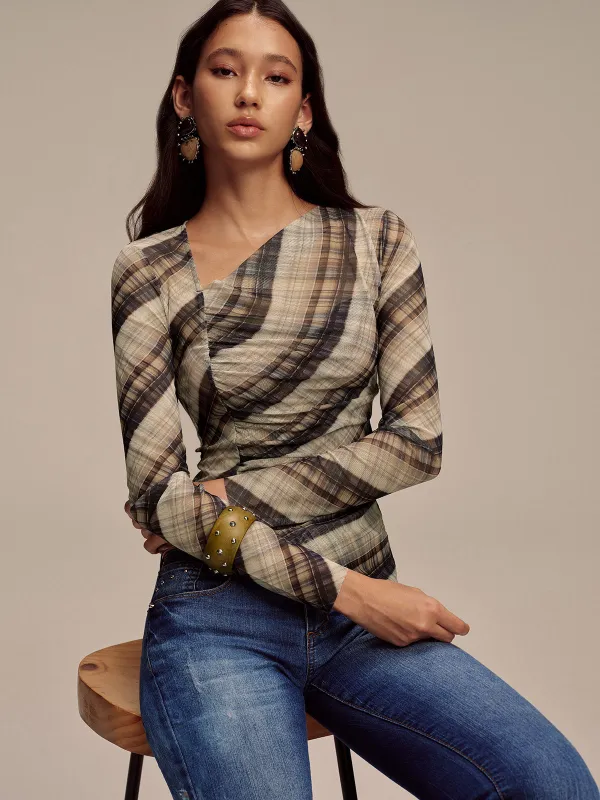 Semi-Sheer Mesh Asymmetric Ruched Blouse sold by COMMENSE