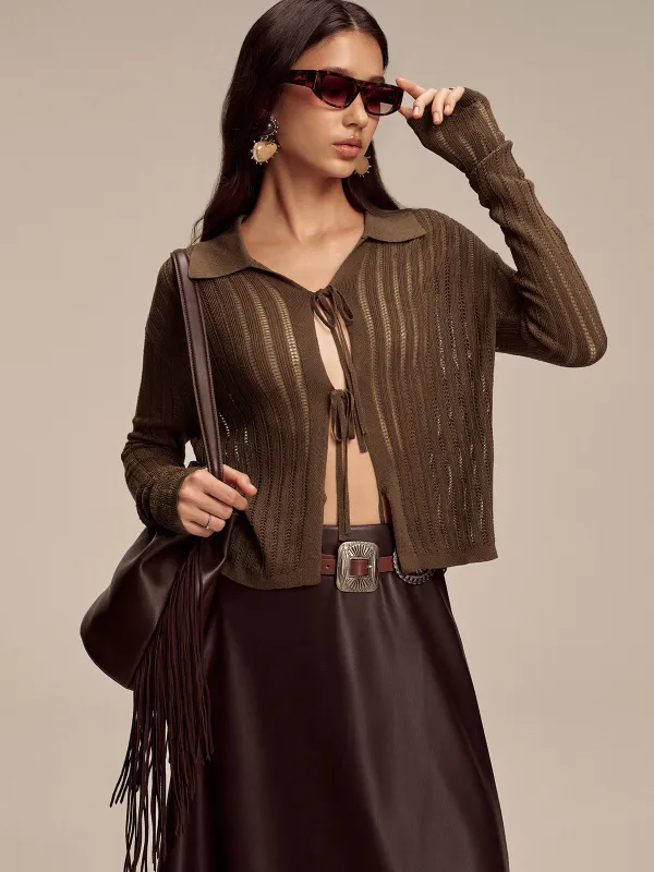 Polo Collar Tie-Front Knit Cardigan sold by COMMENSE