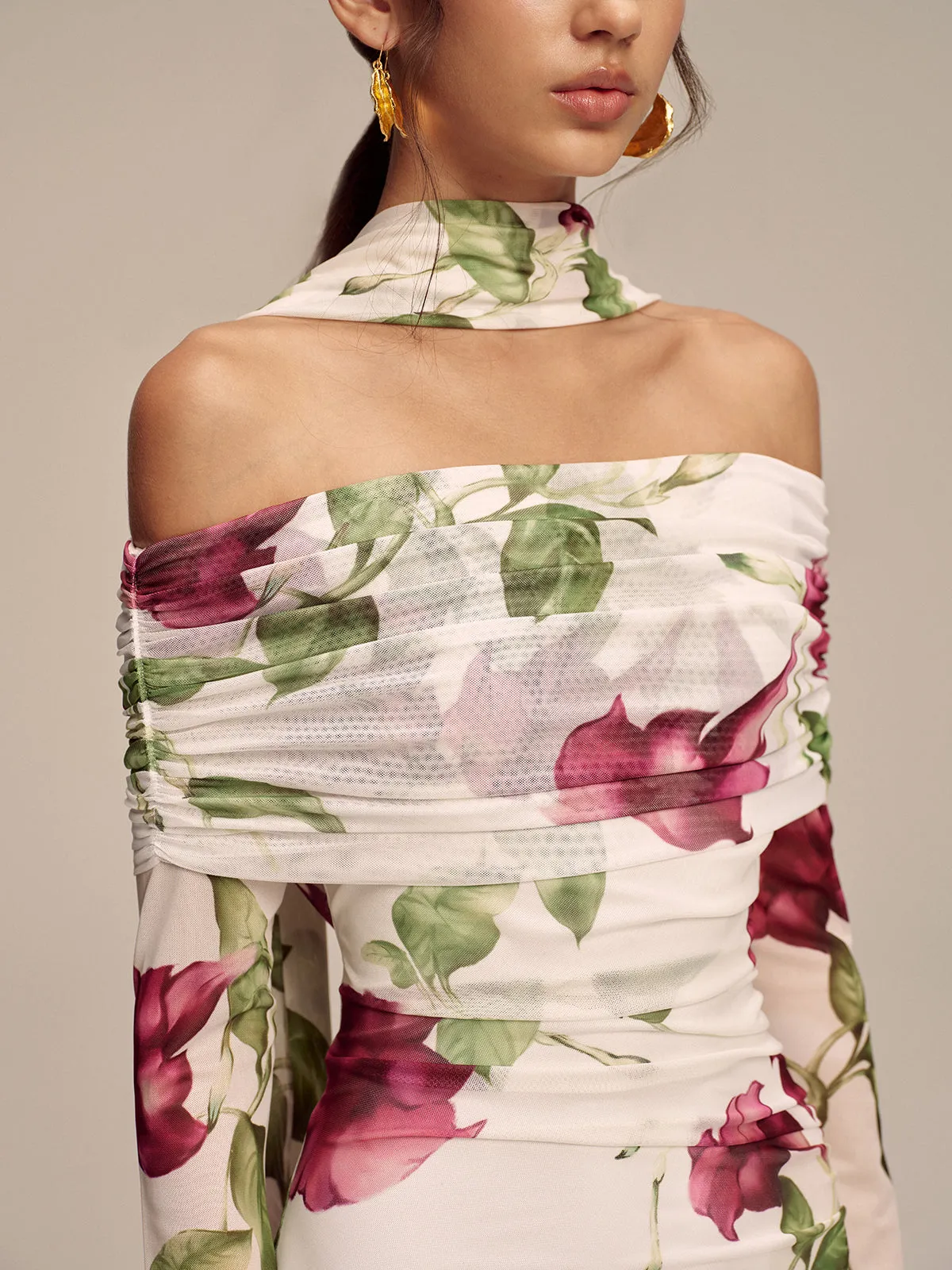 Floral Print Off-Shoulder Mesh Maxi Dress with Scarf Detail sold by COMMENSE product image thumbnail 4