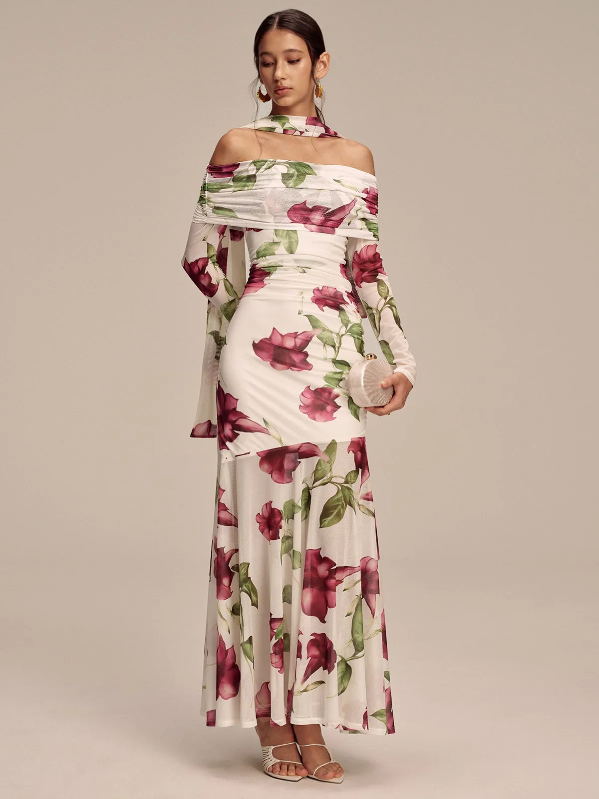 Floral Print Off-Shoulder Mesh Maxi Dress with Scarf Detail sold by COMMENSE product image thumbnail 5