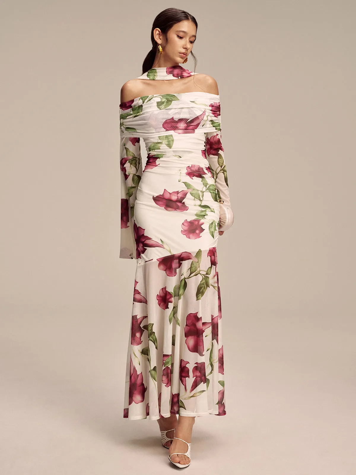 Floral Print Off-Shoulder Mesh Maxi Dress with Scarf Detail sold by COMMENSE product image thumbnail 2