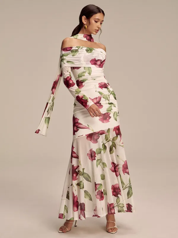Floral Print Off-Shoulder Mesh Maxi Dress with Scarf Detail sold by COMMENSE