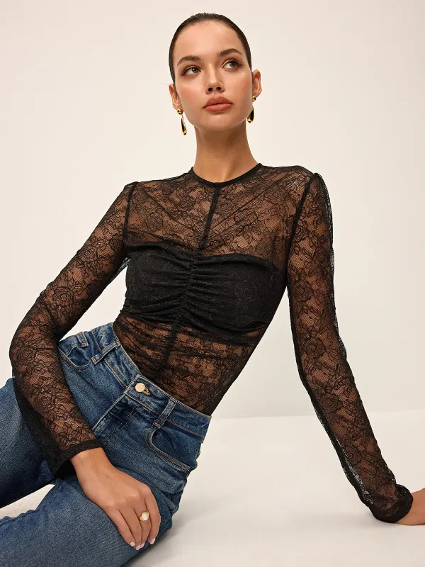 Semi-Sheer Lace Ruched Long Sleeve Top sold by COMMENSE